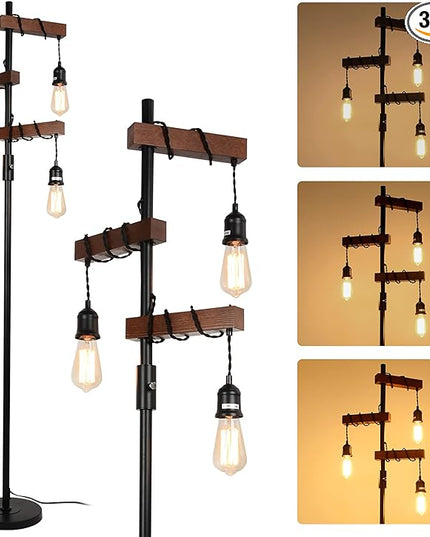 Dimmable Industrial Floor Lamp, Farmhouse Tree Floor Lamp, 68 Inch 3 Lights Wood Standing Lamp, Sturdy Base Tall Vintage Pole Light, Metal Black Floor Lamps for Living Room Bedroom Office Rustic Home - LeafyLoom