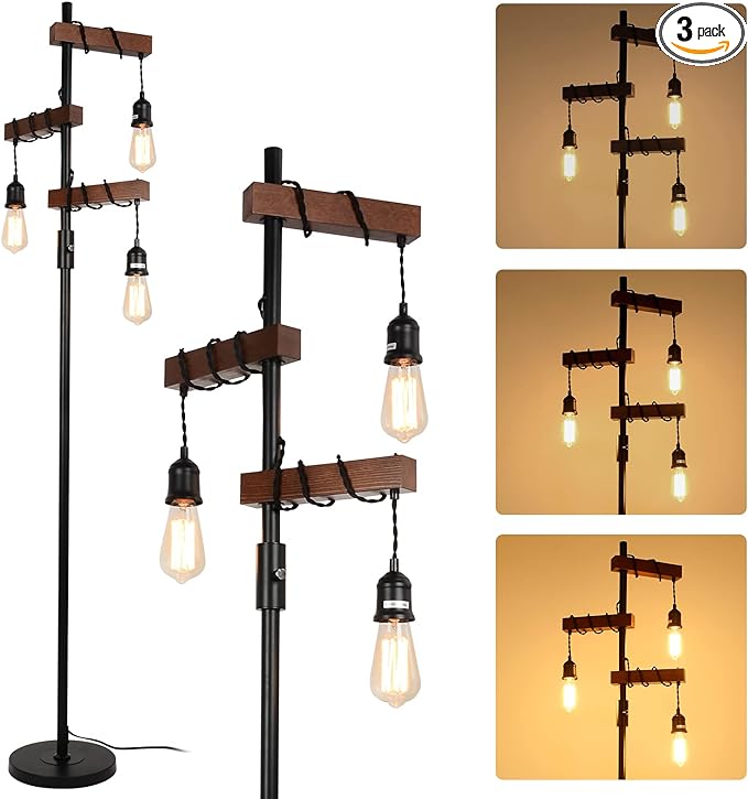 Dimmable Industrial Floor Lamp, Farmhouse Tree Floor Lamp, 68 Inch 3 Lights Wood Standing Lamp, Sturdy Base Tall Vintage Pole Light, Metal Black Floor Lamps for Living Room Bedroom Office Rustic Home - LeafyLoom