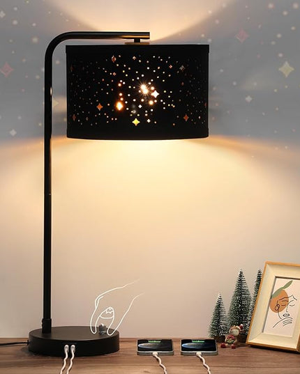 Bedside Table Lamp, Fully Dimmable Table Lamp with 2 USB Ports, Modern Nightstand Lamps with Stars Shade, USB Side Table Lamp, Tall Desk Reading Lamps for Living Room Bedroom 3000k LED Bulb Included - LeafyLoom
