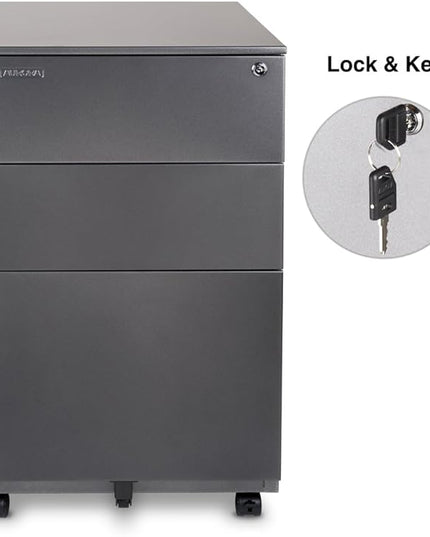 Aurora Modern SOHO Design 3-Drawer Metal Mobile File Cabinet with Lock Key Sliding Drawer, Fully Assembled, Metallic Charcoal - LeafyLoom