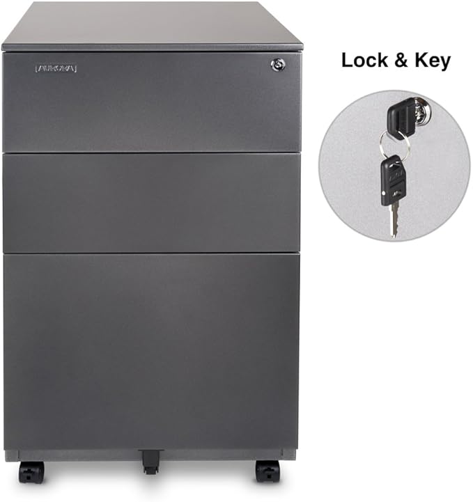 Aurora Modern SOHO Design 3-Drawer Metal Mobile File Cabinet with Lock Key Sliding Drawer, Fully Assembled, Metallic Charcoal - LeafyLoom