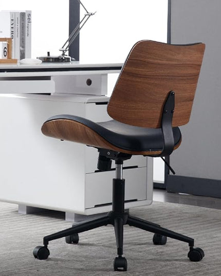 Armless Home Office Chair Modern Walnut Chair with Wheels Mid Back Swivel Computer Chair No arm Adjustable Height Leather Desk Chair for Reading,Meeting Room (Pure Black) - LeafyLoom