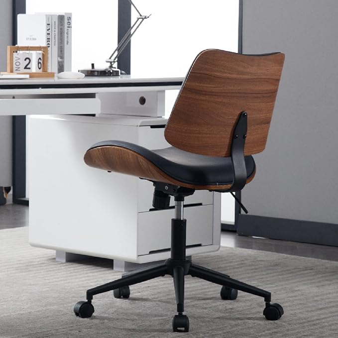 Armless Home Office Chair Modern Walnut Chair with Wheels Mid Back Swivel Computer Chair No arm Adjustable Height Leather Desk Chair for Reading,Meeting Room (Pure Black) - LeafyLoom