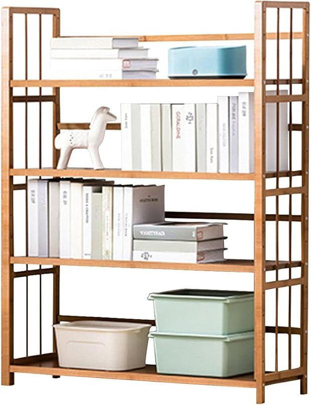 IOTXY Adjustable Bamboo Open Bookshelf - Large 4-Tier Free Standing Storage Rack, Multifunctional Display Stand for Home and Office, Bookcase, Light Brown - LeafyLoom
