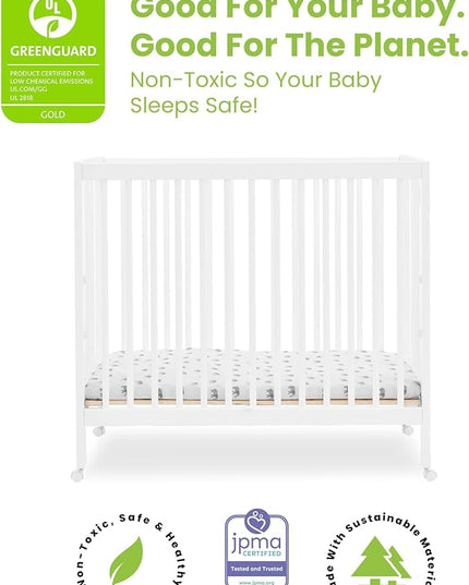 Delta Children Mia Portable Folding Mini Crib with 1.5-Inch Mattress - Greenguard Gold Certified, Bianca White - LeafyLoom