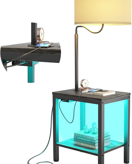 LED Floor Lamp with Table, Side Table with LED Light and Power Outlet, Bedside Nightstand with Lamp, End Table with Lamp Attached for Living Room, Bedroom, USB Ports, Bulb Included, Black Oak - LeafyLoom