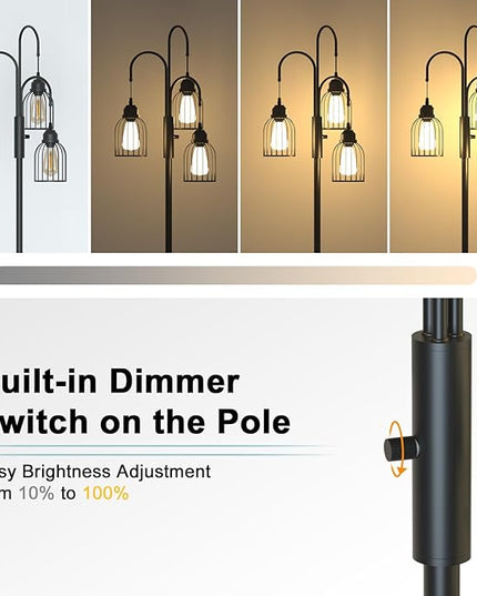 74.8" Dimmable Floor Lamp, Industrial Floor Lamp for Living Room, Farmhouse Standing Tree Lamp with 3 LED Edison Bulbs, Bright Black Vintage Pole Lamp with Cage Shade for Bedroom Home Decoration - LeafyLoom