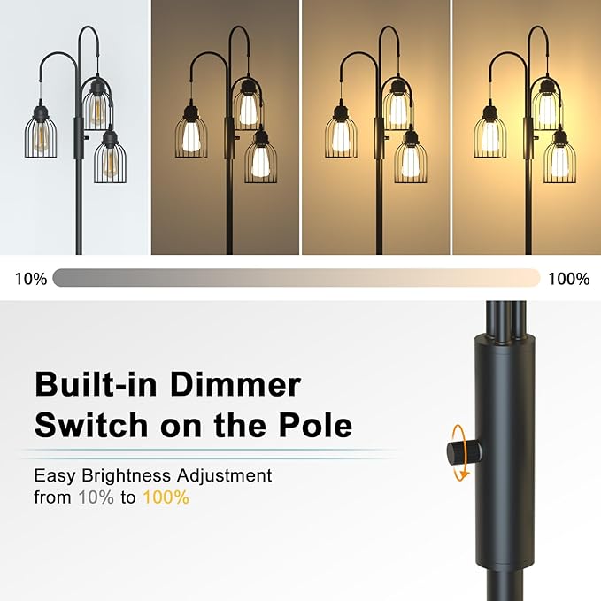74.8" Dimmable Floor Lamp, Industrial Floor Lamp for Living Room, Farmhouse Standing Tree Lamp with 3 LED Edison Bulbs, Bright Black Vintage Pole Lamp with Cage Shade for Bedroom Home Decoration - LeafyLoom