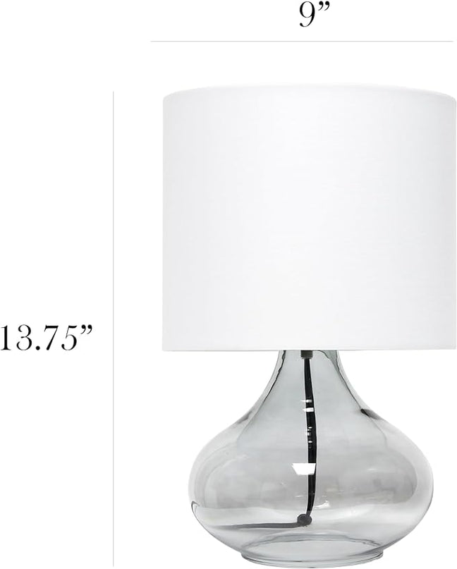 Simple Designs LT2063-SMW Small Glass Raindrop Bedside Table Lamp with White Fabric Shade, Smoke Gray - LeafyLoom