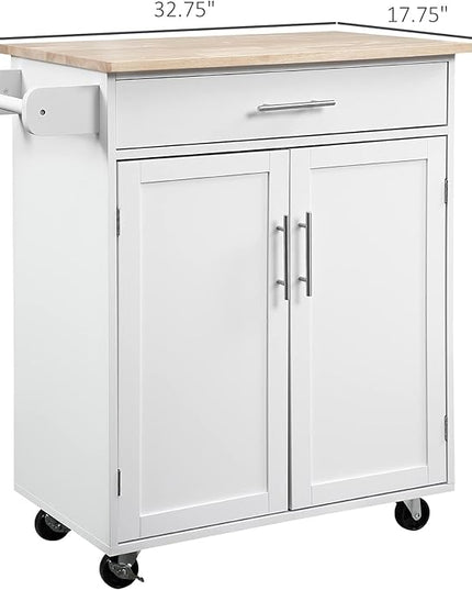 HOMCOM Kitchen Island Cart Rolling Trolley Cart with Drawer, Storage Cabinet & Towel Rack, White - LeafyLoom