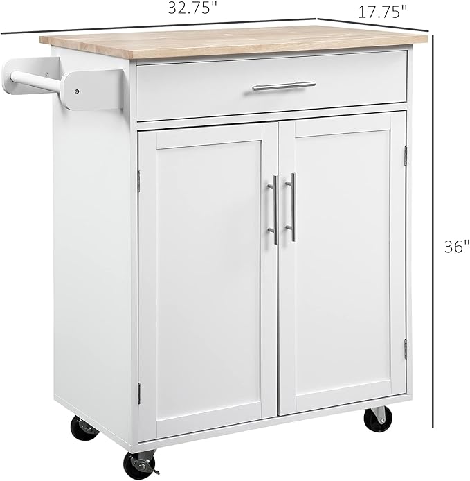 HOMCOM Kitchen Island Cart Rolling Trolley Cart with Drawer, Storage Cabinet & Towel Rack, White - LeafyLoom