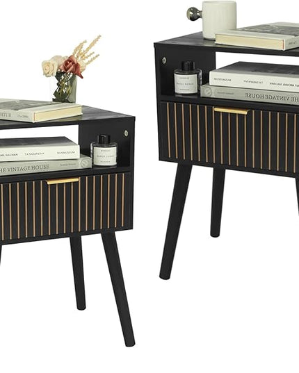 MaxSmeo Black Nightstand with Drawer, Bedside Table Set of 2, Mid Century Modern Nightstand with Open Shelf Storage, End Table with Solid Wood Legs, Black - LeafyLoom