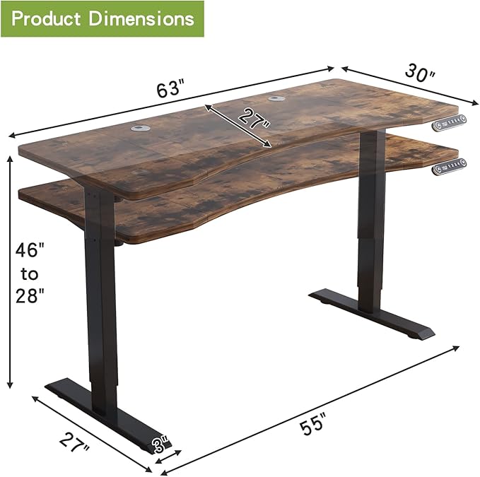 Radlove Dual Motor Height Adjustable Standing Desk, 63 x 30 Height Adjustable Computer Desk Sit Stand Desk Home Office Desks with Splice Board 265 lb Load Capacity Black Frame + Rustic Brown Top - LeafyLoom