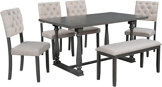 6-Piece Table Set for 6 Special-Shaped Legs and Foam-Covered Seat Backs&Cushions for Dining Room, Gray - LeafyLoom