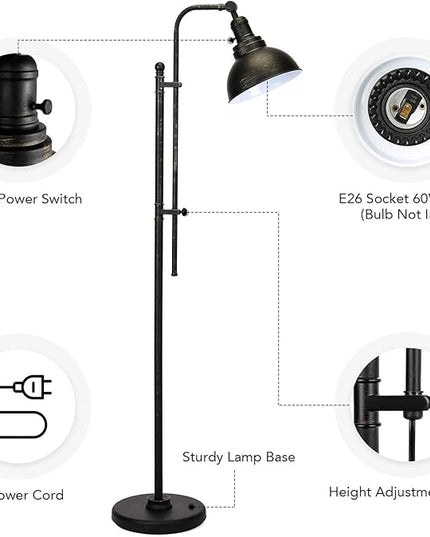 VONLUCE Floor Lamp, 65'' Tall Industrial Floor Lamp, Adjustable Height & Head Vintage Metal Standing Reading Pole Lamp, Floor Lamps for Living Room, Bedroom, Office, Farmhouse - LeafyLoom