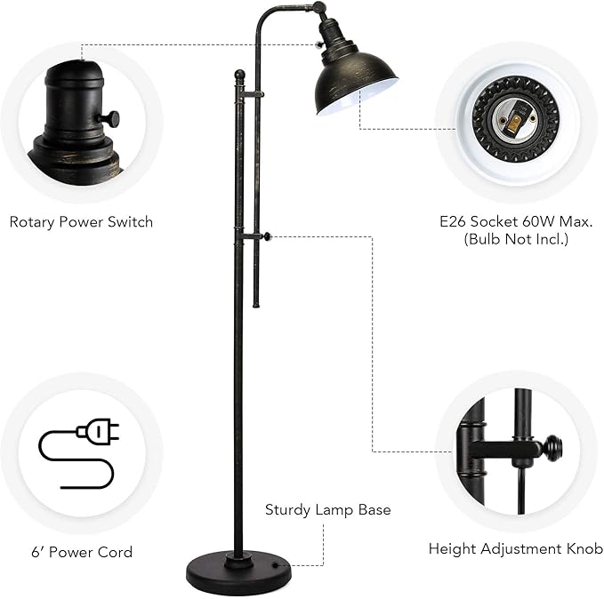 VONLUCE Floor Lamp, 65'' Tall Industrial Floor Lamp, Adjustable Height & Head Vintage Metal Standing Reading Pole Lamp, Floor Lamps for Living Room, Bedroom, Office, Farmhouse - LeafyLoom