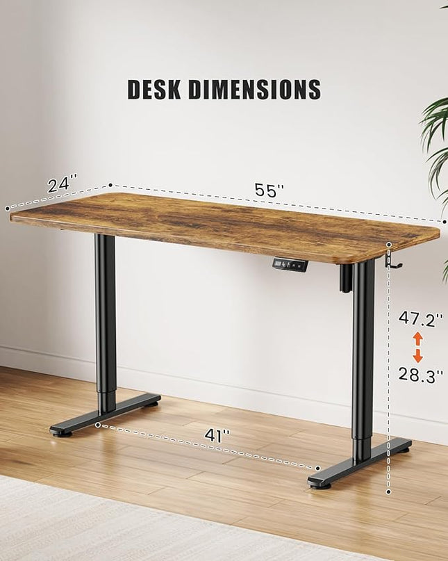 Electric Standing Desk Adjustable Height Stand Up Desk, 55" x 24" Sit Stand Desk, Low Noise Home Office Desk, Computer Desk with Splice Board, Child Lock & Memory Function, Rustic Brown - LeafyLoom