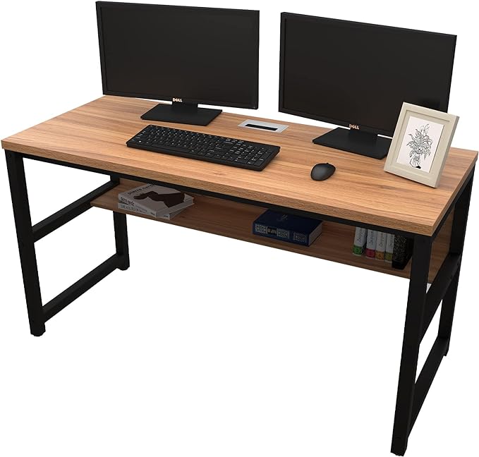 TOPSKY Computer Desk with Bookshelf/Metal Hole Cable Cover 1.18" Thick Desk (55", Oak Brown) - LeafyLoom