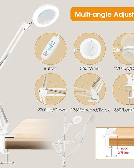 5X Magnifying Glass with Light and Stand, Desk Clip on Lamp for Reading Home Office, 48 LEDs USB Clip Ring Light with 3 Color Modes Clamp Light for Bed Headboard, Craft, Computer, Video Call - LeafyLoom