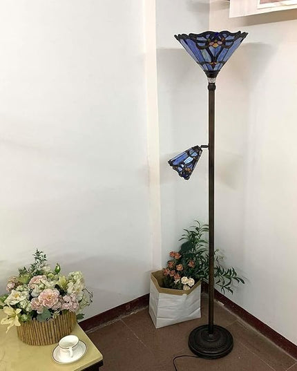 Bieye L10686 Baroque Tiffany Style Stained Glass Torchiere Floor Lamp with Sidelight for Reading Home Decor, 71-inch Tall - LeafyLoom