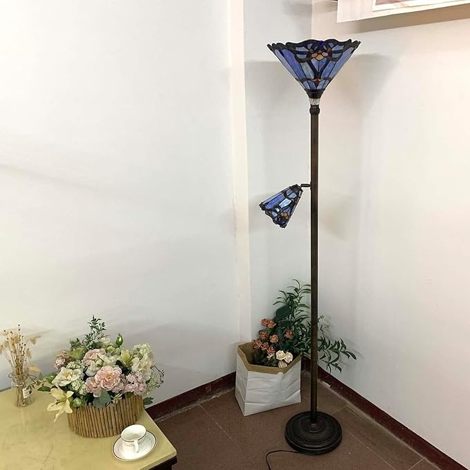 Bieye L10686 Baroque Tiffany Style Stained Glass Torchiere Floor Lamp with Sidelight for Reading Home Decor, 71-inch Tall - LeafyLoom