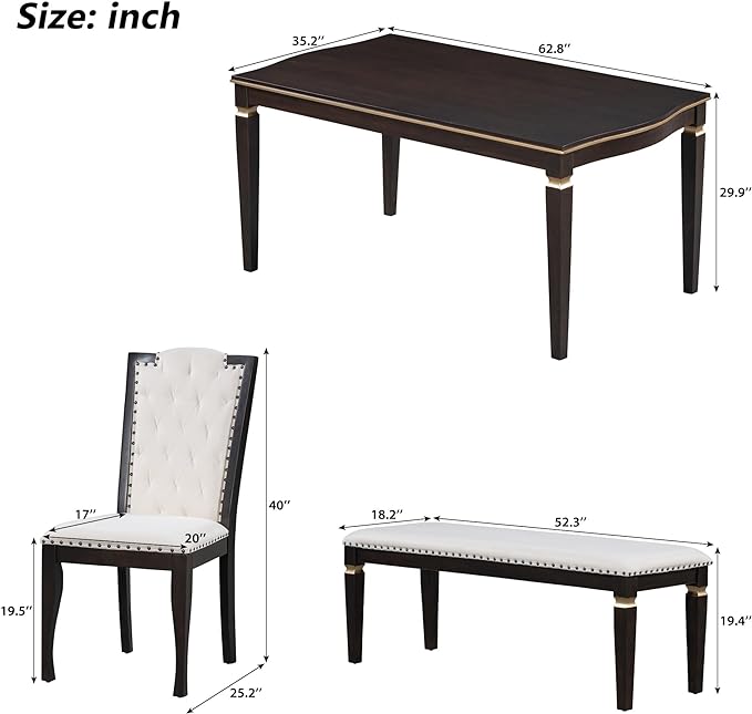 NicBex Dining Room Table Set for 6 Kitchen Table and Chairs 62.7" Rectangular Table and 4 High-Back Tufted Chairs & 1 Bench for Dining Room and Kitchen, Espresso - LeafyLoom