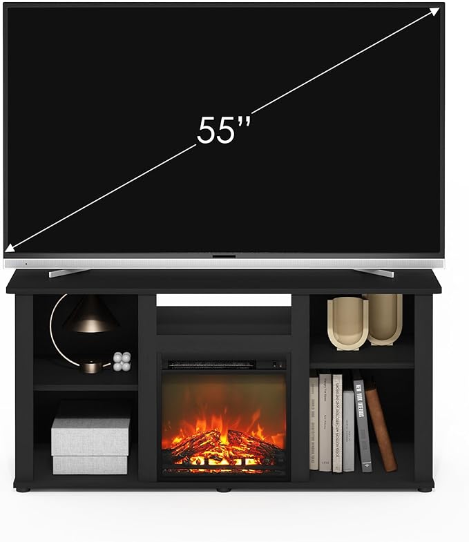 Furinno Jensen Fireplace TV Entertainment Center with Open Storage Compartment for TV up to 55 Inch, Americano - LeafyLoom