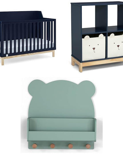 Delta Children babyGap Oxford 6-in-1 Convertible Crib + Brannan Bear Bookcase with Bins + Brannan Bear Wall Shelf with 4 Hooks, Navy/Natural (Bundle) - LeafyLoom