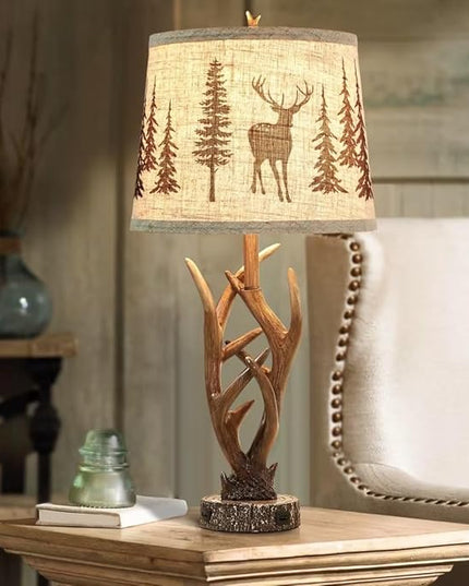 Dungoo 26" Touch Control Antler Table Lamps Set of 2, 3-Way Dimmable Rustic Lamp with 2 USB Ports, Natural Antler Lamp with Deer Forest Lampshade Farmhouse Lamps for Living Room Foyer - LeafyLoom