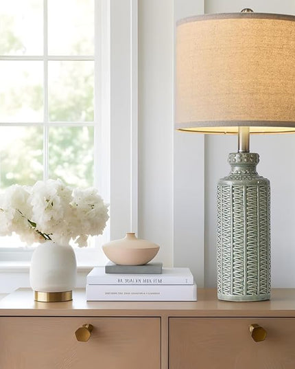 24.75'' Farmhouse Light-Green Ceramic Single Table Lamp for Bedroom Living Room Vintage Traditional Rustic Modern Nightstand Bedside Lamps - LeafyLoom