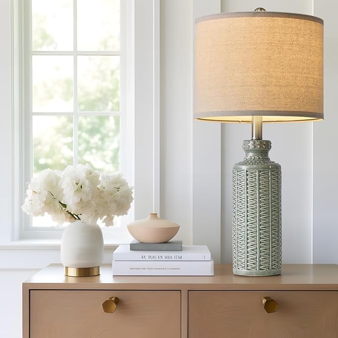 24.75'' Farmhouse Light-Green Ceramic Single Table Lamp for Bedroom Living Room Vintage Traditional Rustic Modern Nightstand Bedside Lamps - LeafyLoom