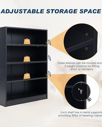 Farini Black Bookshelf for Bedroom 4 Shelf Office Bookcase 48 Inches Tall Modern Wood Bookshelf for Living Room 4 Tier Wide Manga Bookshelf Library Bookcase - LeafyLoom