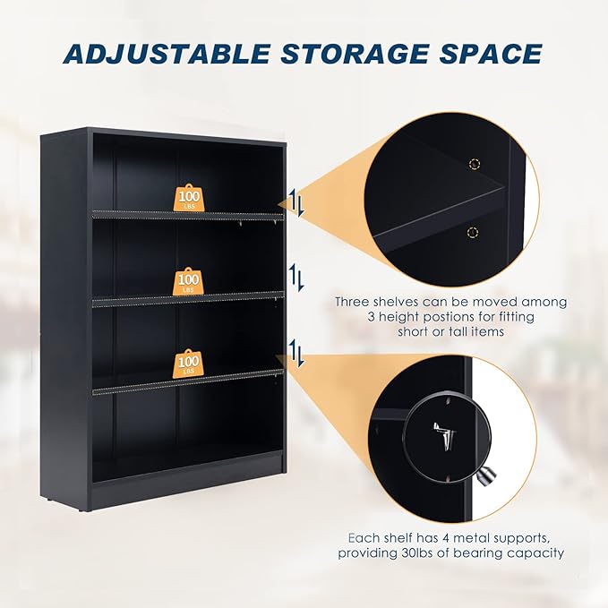 Farini Black Bookshelf for Bedroom 4 Shelf Office Bookcase 48 Inches Tall Modern Wood Bookshelf for Living Room 4 Tier Wide Manga Bookshelf Library Bookcase - LeafyLoom