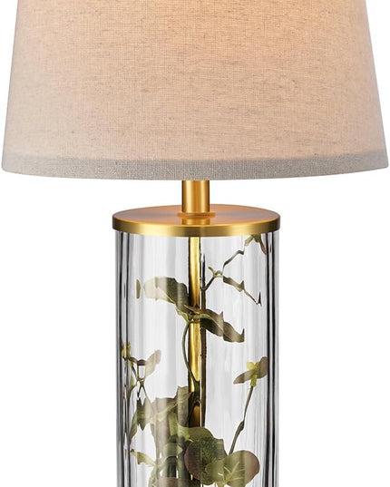 Globe Electric 61000063 20" Fillable Ribbed Glass Table Lamp, Matte Brass Accents, Beige Linen Shade, On/Off Rotary Switch on Socket, for Living Room, Bedroom, Office, Home Décor - LeafyLoom