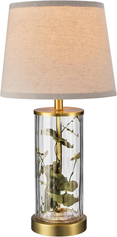 Globe Electric 61000063 20" Fillable Ribbed Glass Table Lamp, Matte Brass Accents, Beige Linen Shade, On/Off Rotary Switch on Socket, for Living Room, Bedroom, Office, Home Décor - LeafyLoom