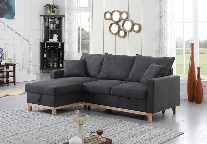 Reversible Sleeper Sectional Sofa with Storage Chaise, Convertible Woven 3 Seater Corner Couch Pull Out Bed, for Living Room Small Space, 84, Dark Gray-1 - LeafyLoom
