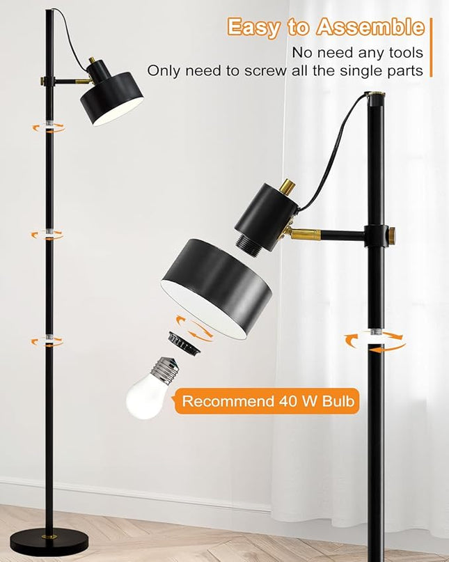 OYEARS Floor Lamp for Living Room Bright Lighting Tall Modern Industrial Vintage Standing Corner Lamps LED Metal Light Office Bedroom Study Gold Black White Matte Accent (1-Light, Black) - LeafyLoom
