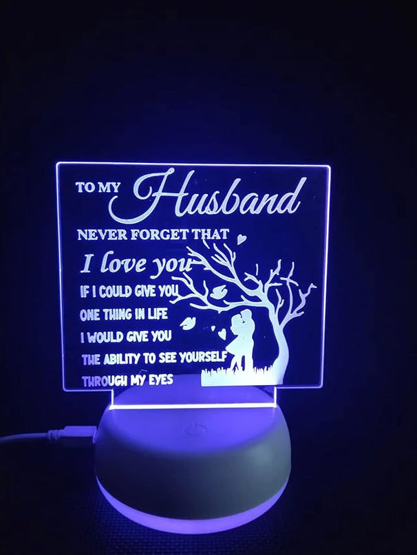 to My Husband from Wife, to My Husband 3D Optical Illusion 2 Functions 7 Color RGB Colorful USB Charging or AA Battery - Acrylic Panel Birthday Wedding Gifts for Husband - LeafyLoom