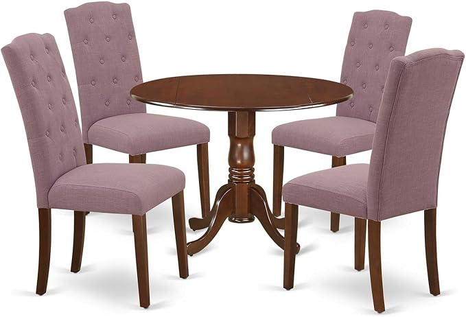 East West Furniture DLCE5-MAH-10 Dublin 5 Piece Room Set Includes a Round Kitchen Table with Dropleaf and 4 Dahlia Linen Fabric Parson Dining Chairs, 42x42 Inch, Mahogany - LeafyLoom