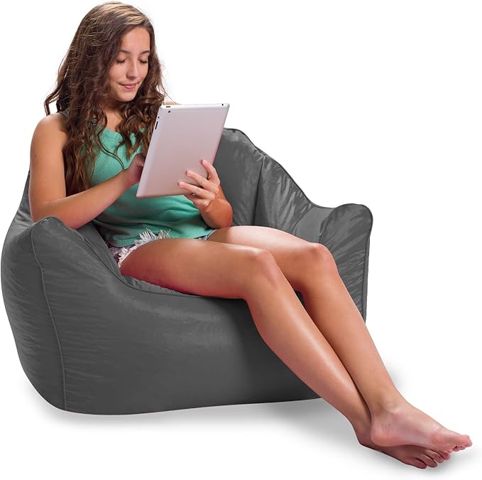 Posh Creations Structured Comfy Bean Bag Chair for Gaming, Reading, and Watching TV, Malibu Lounge, Soft Nylon-Charcoal Gray - LeafyLoom