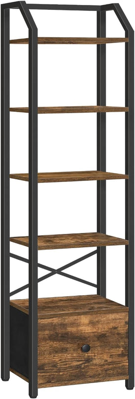 6 Tier Bookshelf, Book Shelf with Removable Drawer, Tall Narrow Bookcase with Shelves, Standing Display Shelf, Storage Organizer, for Bedroom, Home Office, Rustic Brown and Black SJ06BR - LeafyLoom