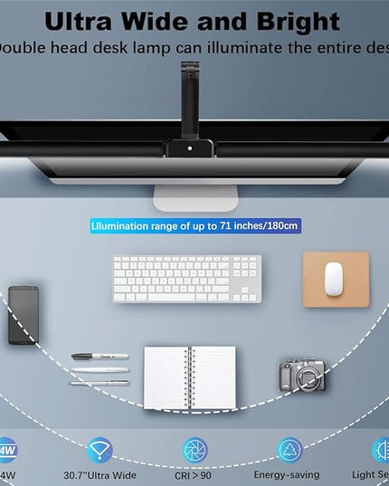 LED Desk Lamp for Home Office with Clamp - Eye Caring Architect 24W Double Head Monitor Light Bar, Super Wide & Bright, Dimmable & 5 Color Modes, Clip Table Lamp for Computer Screen, Work - LeafyLoom