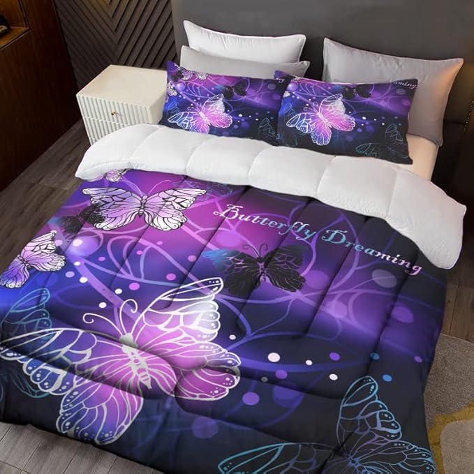 Sunnycitron Butterfly Comforter Set for Girls 3D Purple Butterfly Bedding with Comforter Full Size Girls Comforter Set Neon Butterflies Purple bed comforter full,1 Comforter + 2 Pillowcases - LeafyLoom