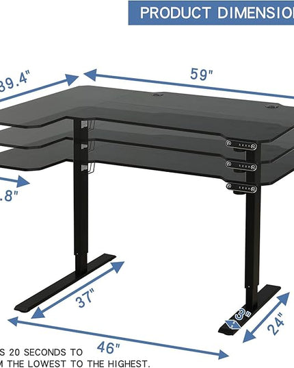 Adjustable Height L-Shaped 59 Inch Electric Standing Desk - Sit Stand Computer Desk, Stand Up Desk Table for Home Office, Black Frame and Top - LeafyLoom