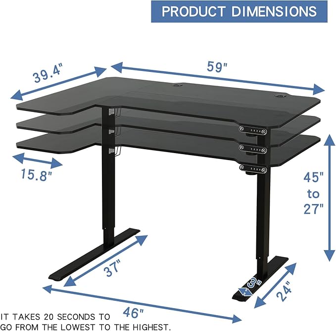 Adjustable Height L-Shaped 59 Inch Electric Standing Desk - Sit Stand Computer Desk, Stand Up Desk Table for Home Office, Black Frame and Top - LeafyLoom