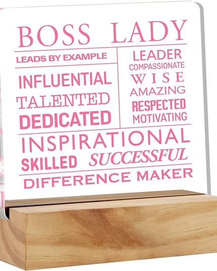 Inspirational Boss Appreciation Gift Boss Lady Gifts for Women, Pink Boss Lady Desk Decor Acrylic Desk Plaque Sign with Wood Stand Home Office Desk Sign Keepsake - LeafyLoom