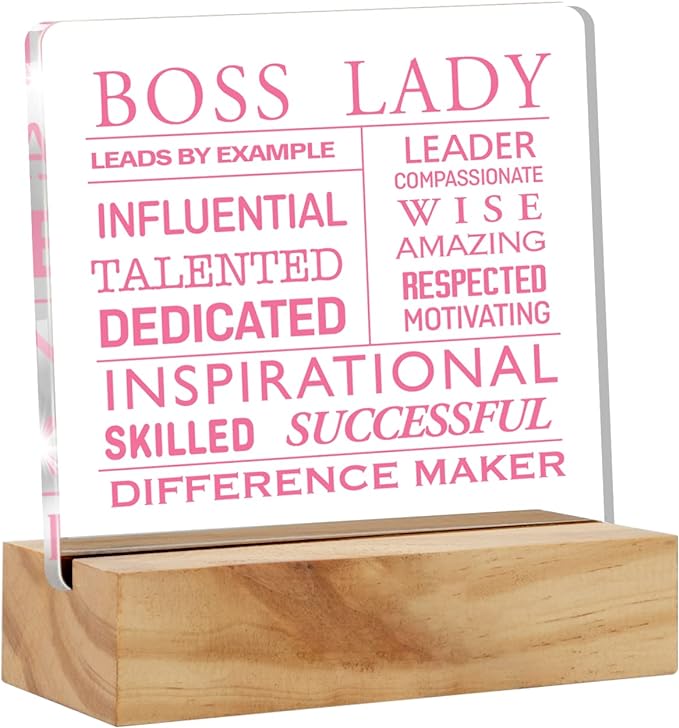 Inspirational Boss Appreciation Gift Boss Lady Gifts for Women, Pink Boss Lady Desk Decor Acrylic Desk Plaque Sign with Wood Stand Home Office Desk Sign Keepsake - LeafyLoom