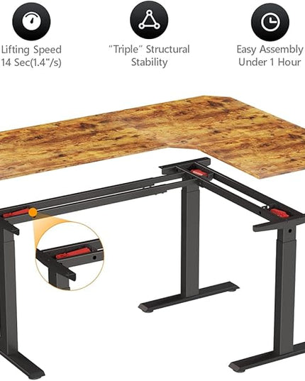 BANTI Triple Motors 63" L Shaped Standing Desk Height Adjustable, Electric Stand up Corner Desk, Sit Stand Home Office Desk Computer Workstation with Memory Preset, Rustic Brown Top - LeafyLoom