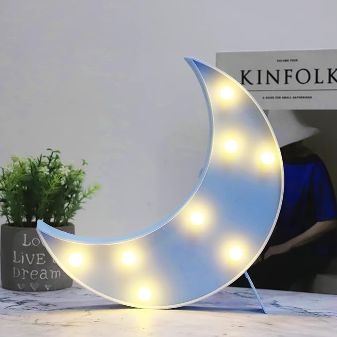 LED Moon Shaped Marquee Signs, Light Up Moon Night Lights Battery Operated Crescent Moon Lamp for Bedroom, Christmas, Birthday Party Decor-Moon(Blue) - LeafyLoom