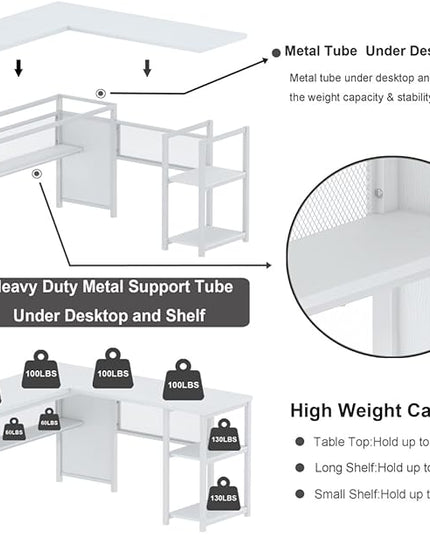 FATORRI L Shaped Computer Desk, Reversible Modern Corner Desk for Home Office, Rustic Wood and Metal Desk with Storage, White Oak (59 Inch) - LeafyLoom